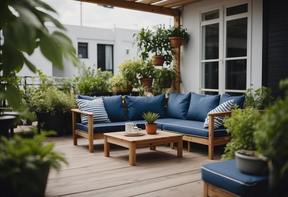 A patio with IKEA outdoor furniture: a wooden table, chairs with blue cushions, and a striped umbrella. Green plants in pots surround the area