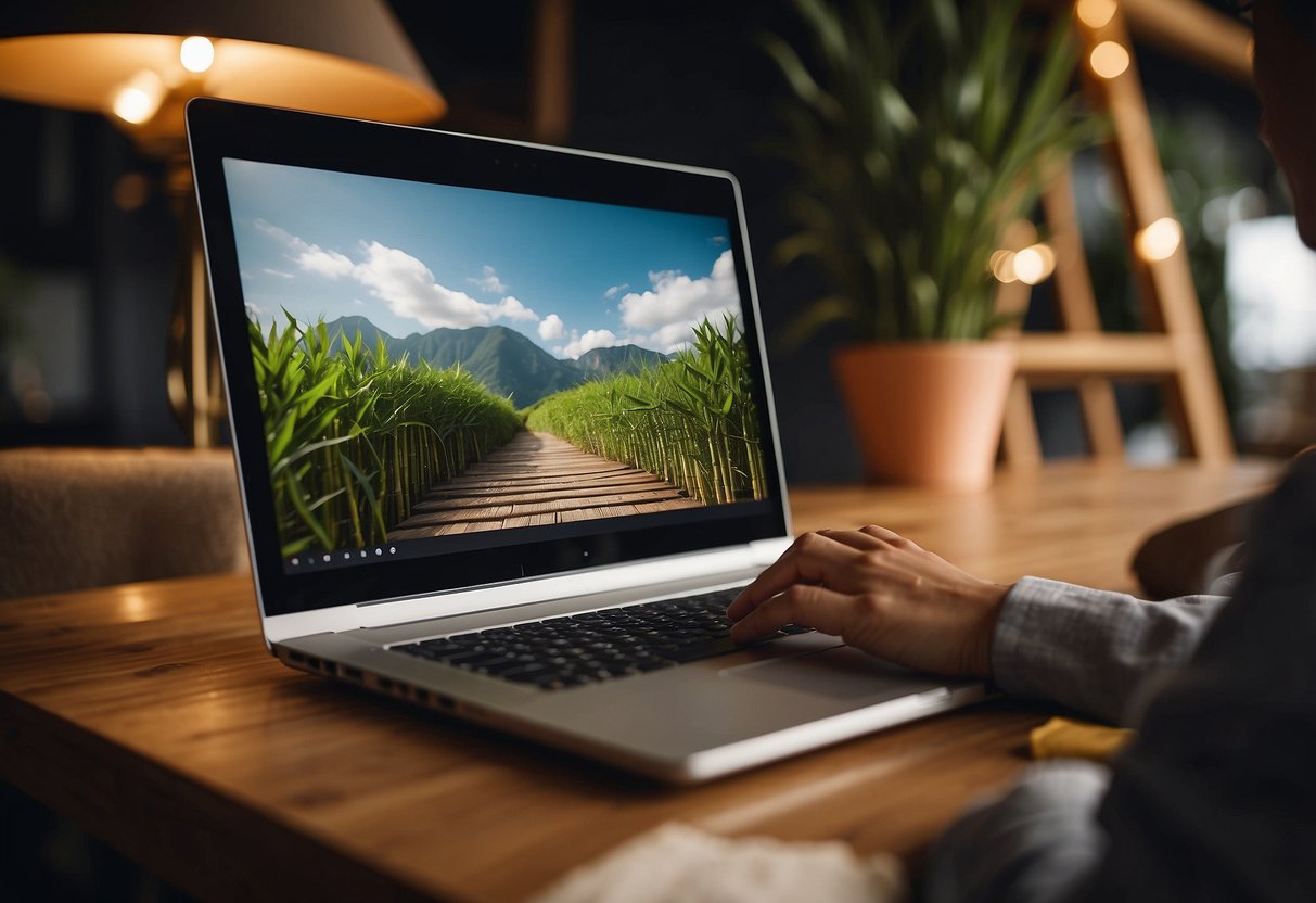 A person browsing online, downloading bamboo furniture images onto a laptop