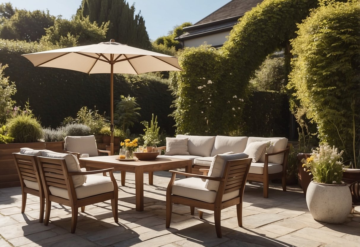 A sunny patio with a variety of stylish outdoor furniture pieces, including tables, chairs, and loungers, set up in a garden or outdoor space