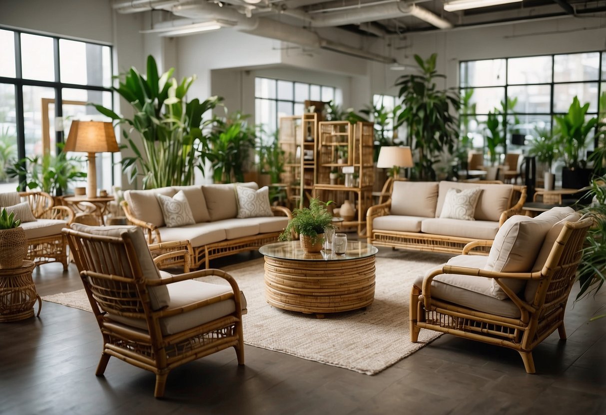 A bamboo furniture showroom with various pieces on display, including chairs, tables, and shelves. The space is well-lit with natural light, and there are green plants scattered throughout the room