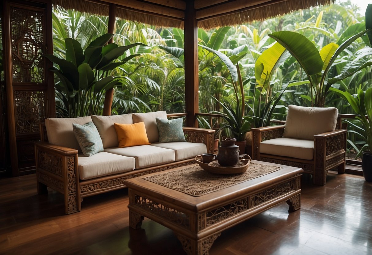 A cozy living room with Balinese furniture, featuring intricately carved wooden chairs and a low coffee table, set against a backdrop of lush tropical plants