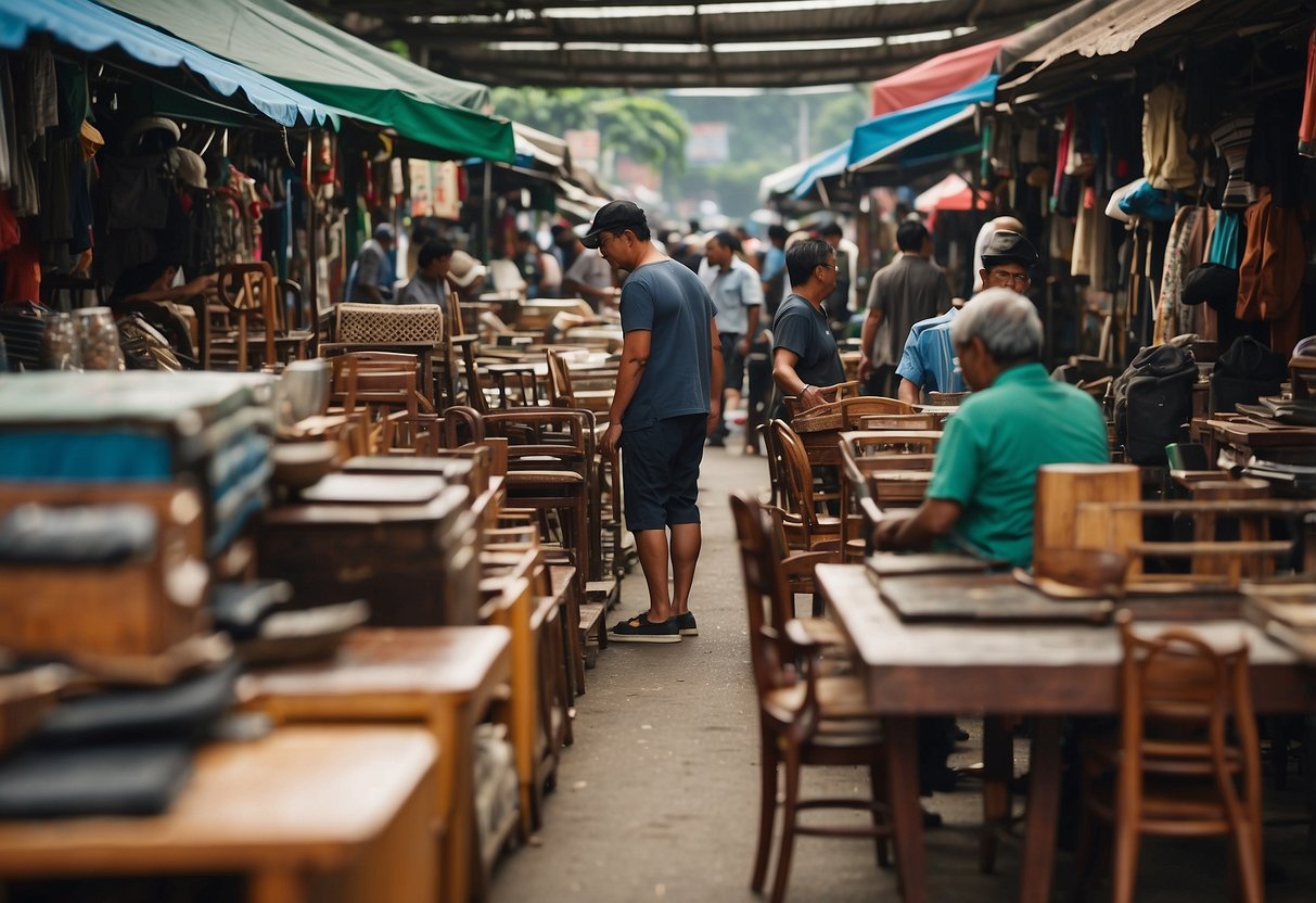 A bustling street market in Johor Bahru, filled with rows of diverse second-hand furniture. Shoppers browse through tables, chairs, and cabinets, examining the quality and craftsmanship of each piece