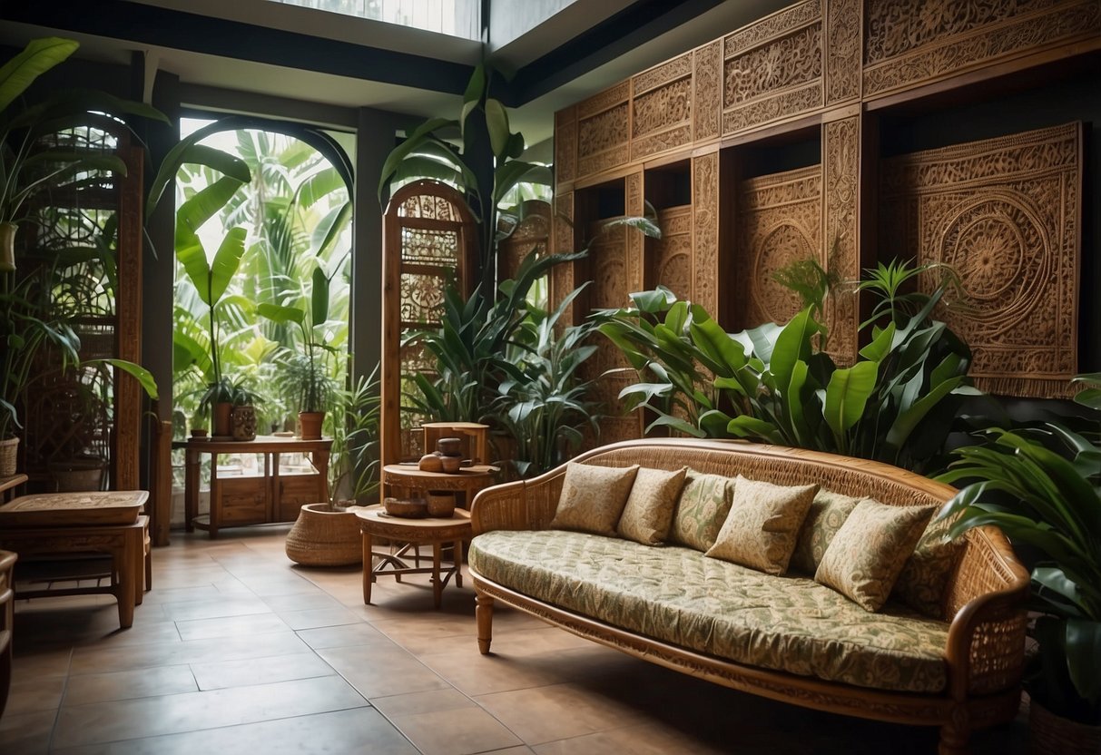 An elegant showroom filled with intricately carved wooden furniture, adorned with vibrant Balinese textiles and surrounded by lush green plants