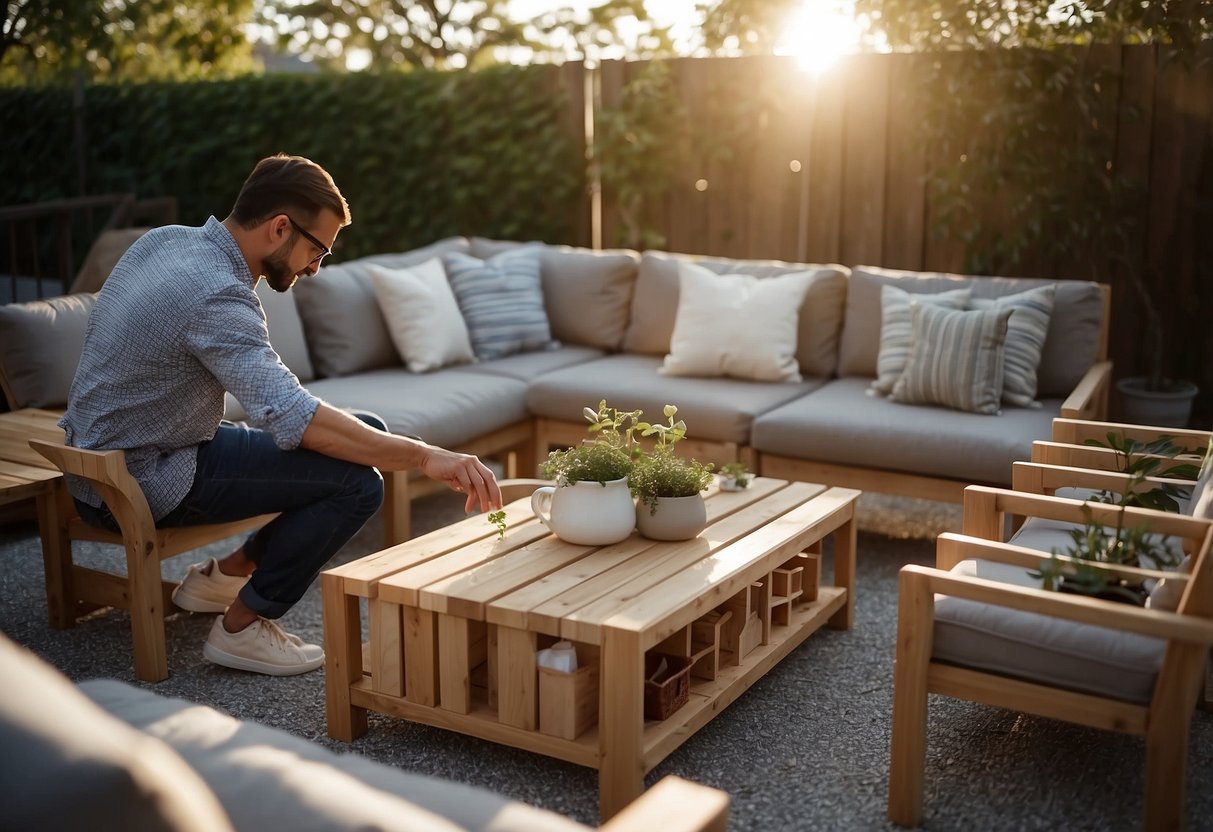 A person arranging IKEA outdoor furniture in a spacious backyard, carefully selecting the right pieces to fit the space and create a cozy outdoor living area