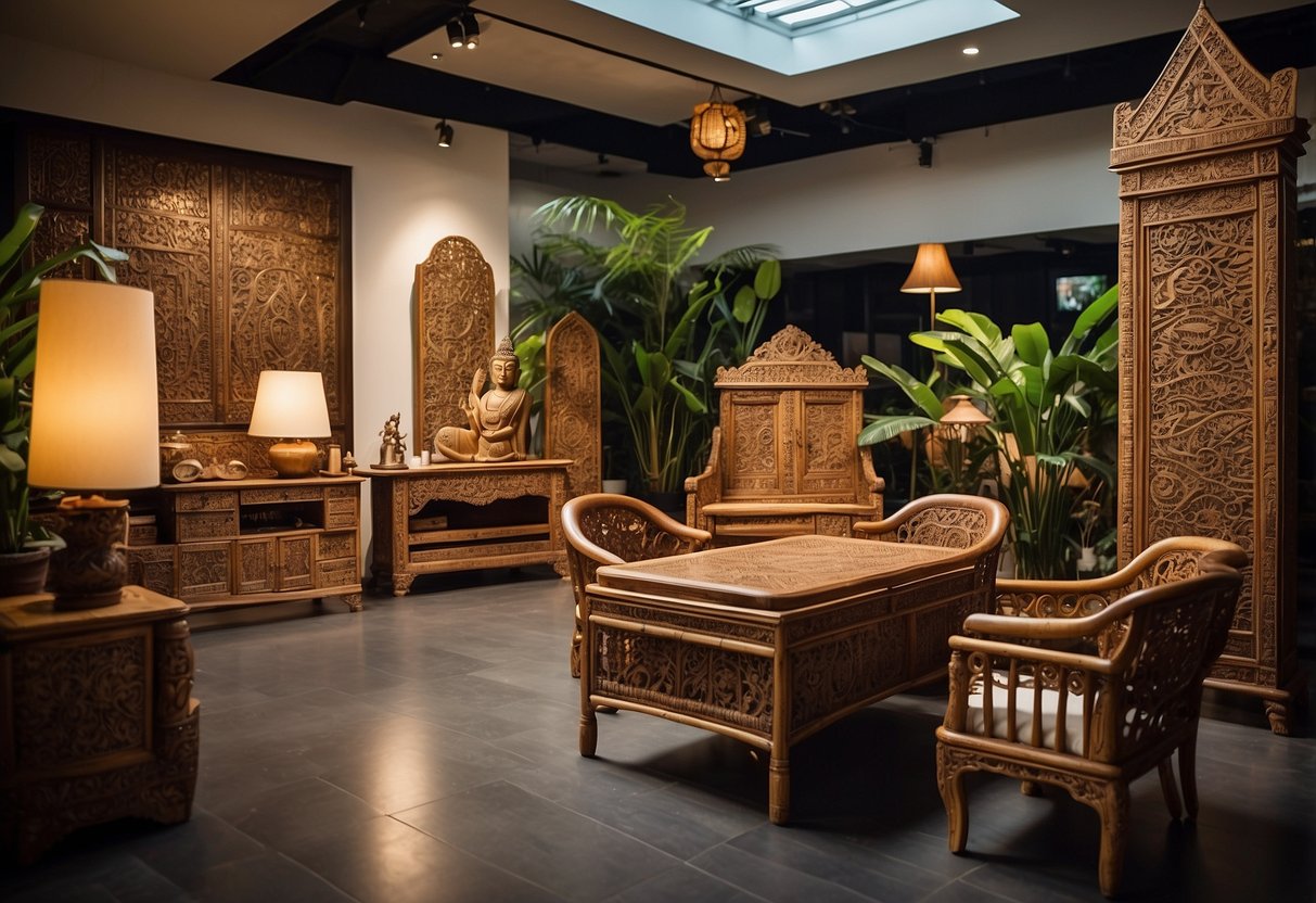 A showroom displaying a variety of Bali furniture in Singapore. Brightly lit space with elegant wooden tables, chairs, and intricate carvings