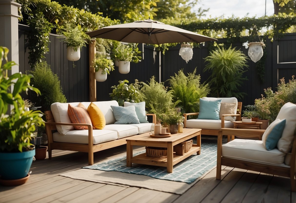 A sunny outdoor patio with a variety of IKEA outdoor furniture pieces arranged neatly, surrounded by lush green plants and colorful outdoor decor