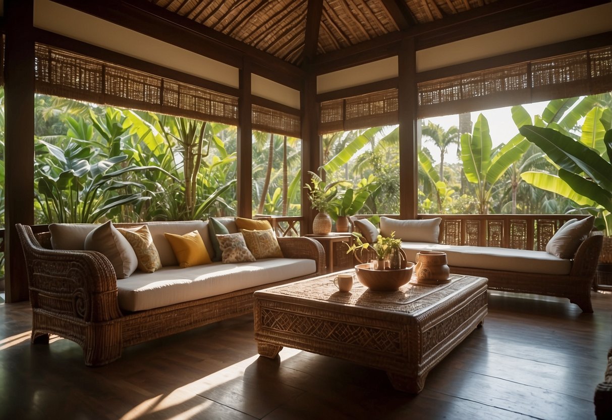 A cozy living room with Balinese furniture, a rattan armchair, teak coffee table, and carved wooden decor. Bright natural light streams in through the window, casting warm shadows on the intricate designs