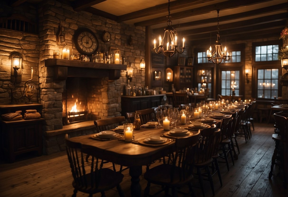 A cozy tavern with wooden tables, chairs, and shelves filled with magical trinkets. A roaring fireplace and dim candlelight create a warm, inviting atmosphere