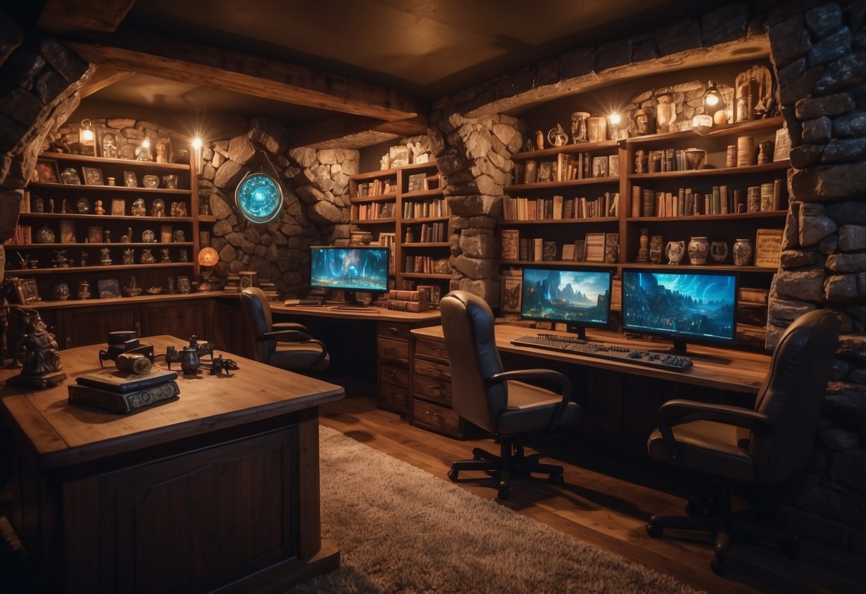 A cozy gaming space with a large table surrounded by comfortable chairs. Shelves filled with D&D rulebooks and miniatures. Soft lighting and a decorative dungeon map on the wall
