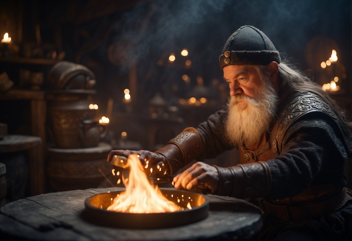 A dwarf hammers a glowing forge, crafting ornate D&D furniture. Tables and chairs feature intricate carvings and gemstone inlays