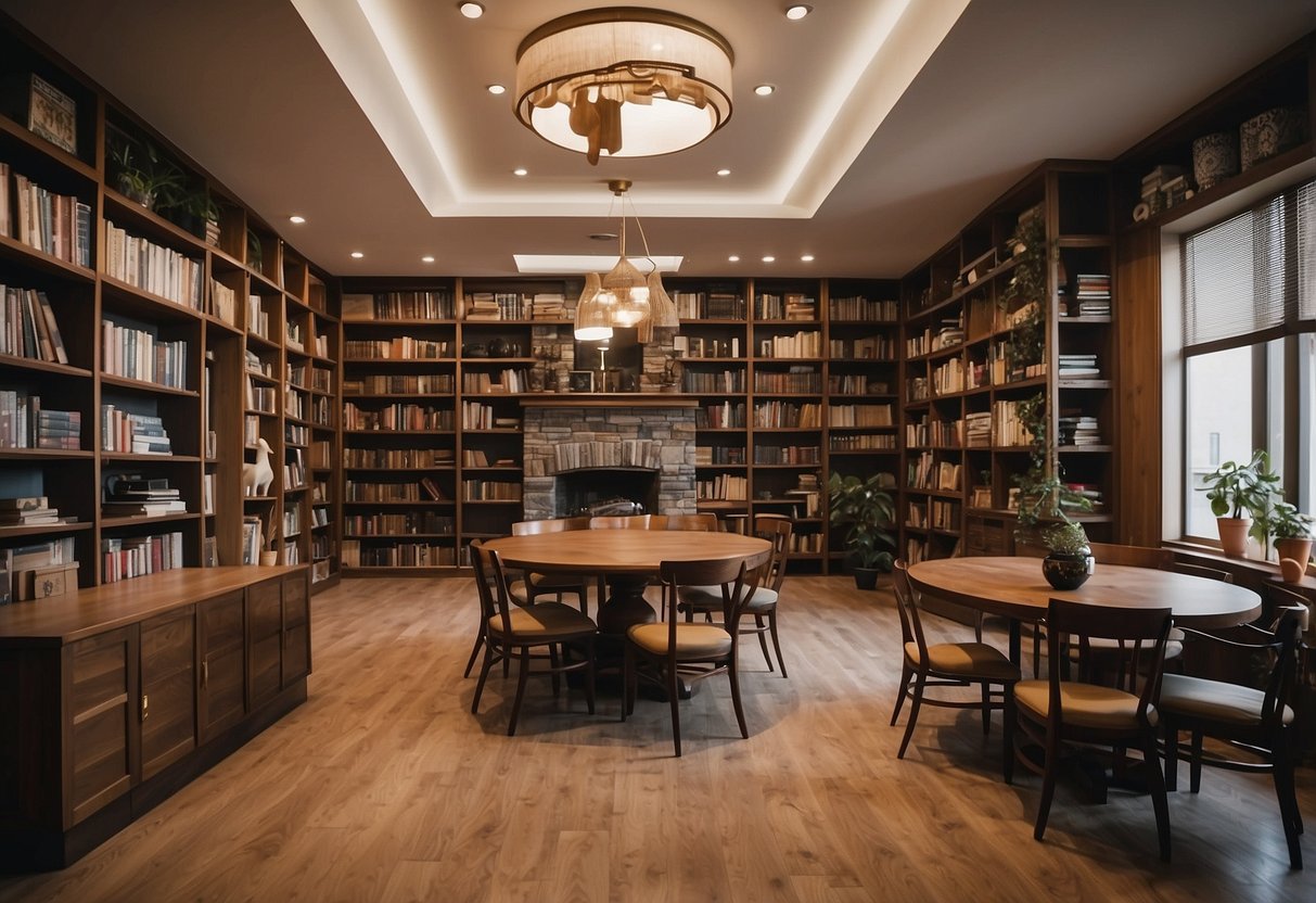 A room with a table surrounded by chairs, shelves with books, and a sign that reads "Frequently Asked Questions d&d design furniture."