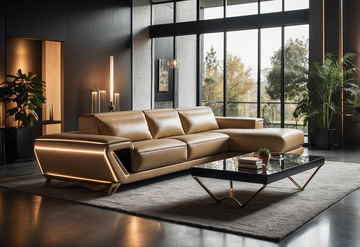 A sleek Lamborghini-inspired furniture set gleams in a modern living room, with angular lines and luxurious leather upholstery