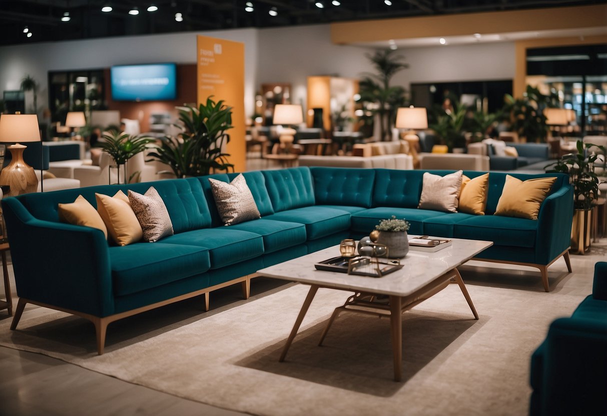 A bustling furniture store in Singapore, with modern designs and vibrant colors on display. Shoppers browse through the aisles, admiring the sleek sofas and elegant dining sets
