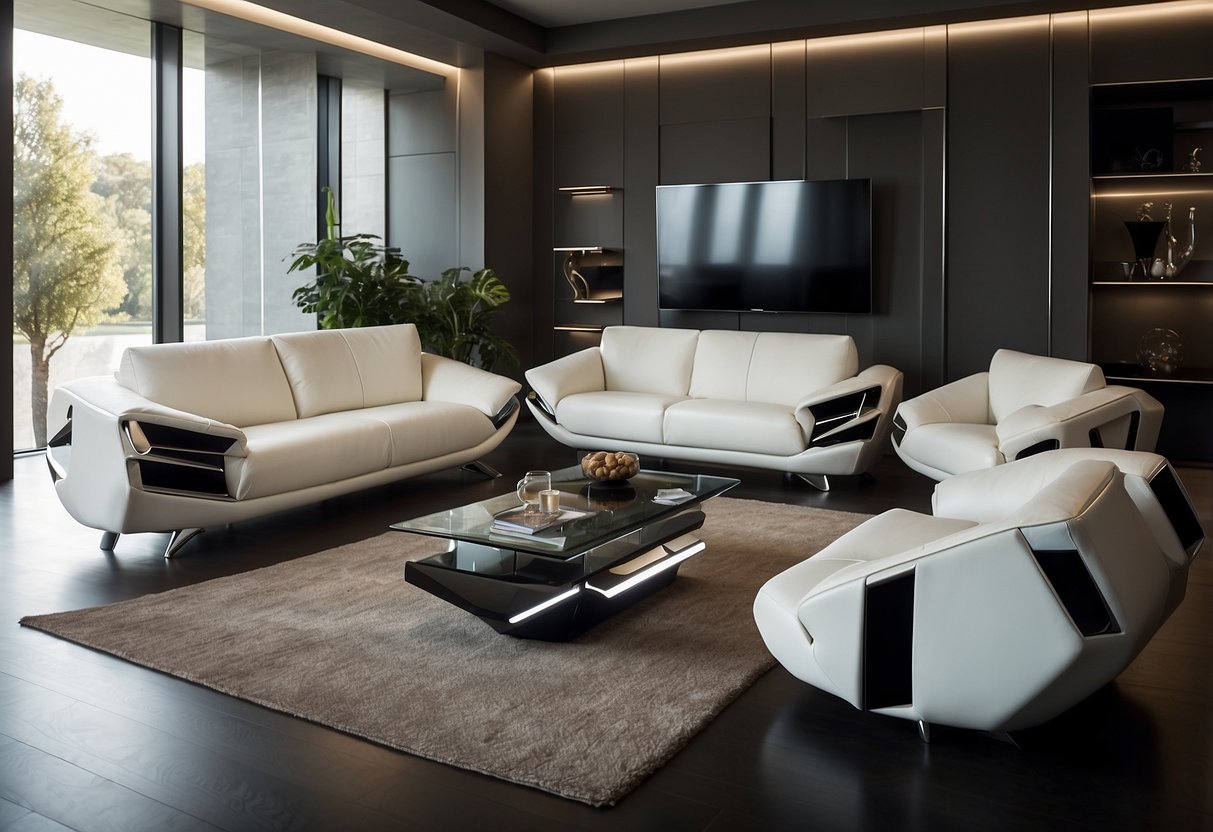 A sleek, modern living room with Lamborghini-inspired furniture, featuring sharp angles, luxurious leather, and polished metal accents