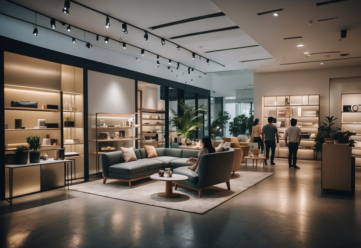 Customers browsing modern furniture displays in Singapore store. Bright lighting and clean, minimalist designs