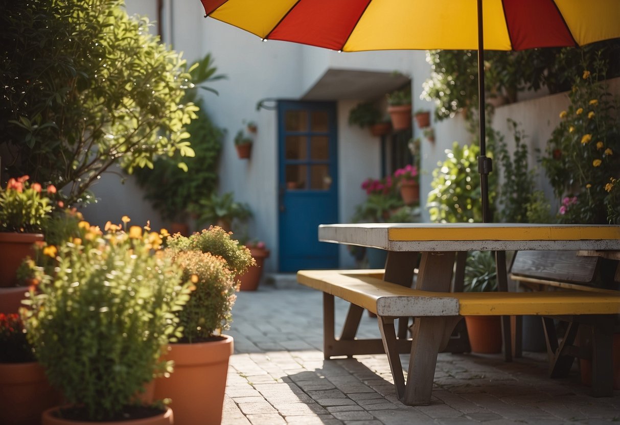 A concrete patio with a table, chairs, and a bench, surrounded by potted plants and a colorful umbrella