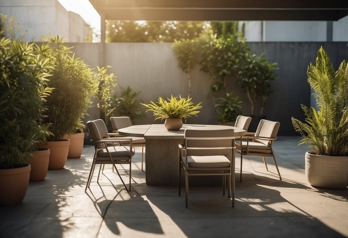 A modern concrete patio set with clean lines and minimalist design, surrounded by potted plants and bathed in warm sunlight
