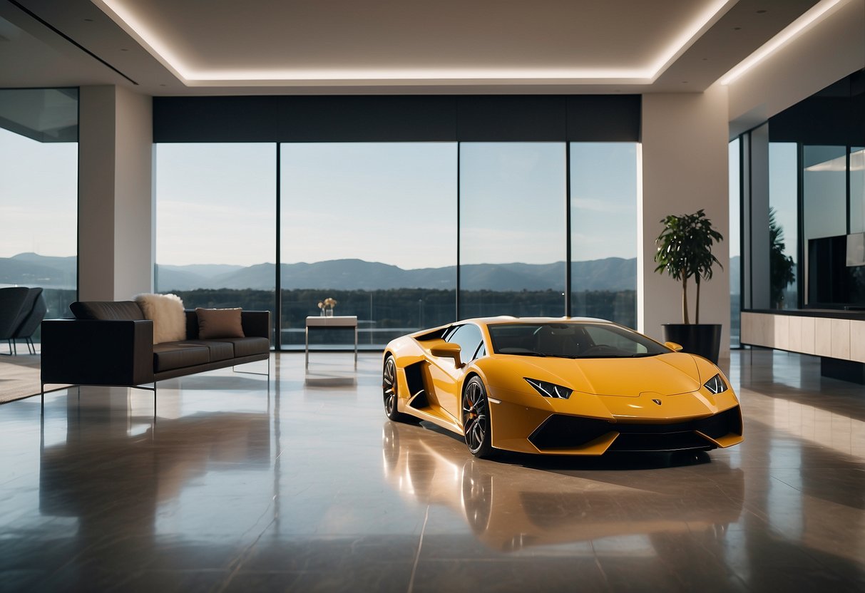 A sleek, modern living room with Lamborghini-inspired furniture arranged in a minimalist and futuristic design