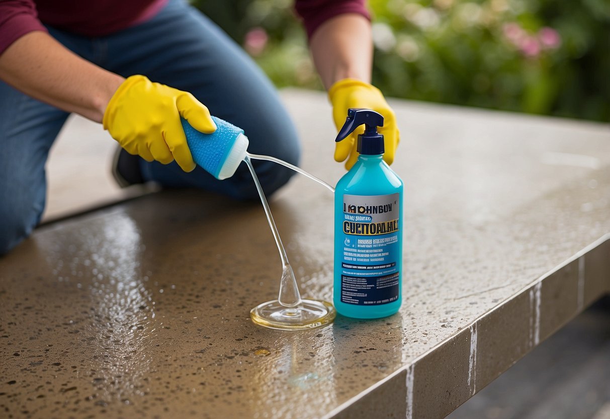 A person cleans and applies protective sealant to concrete patio furniture