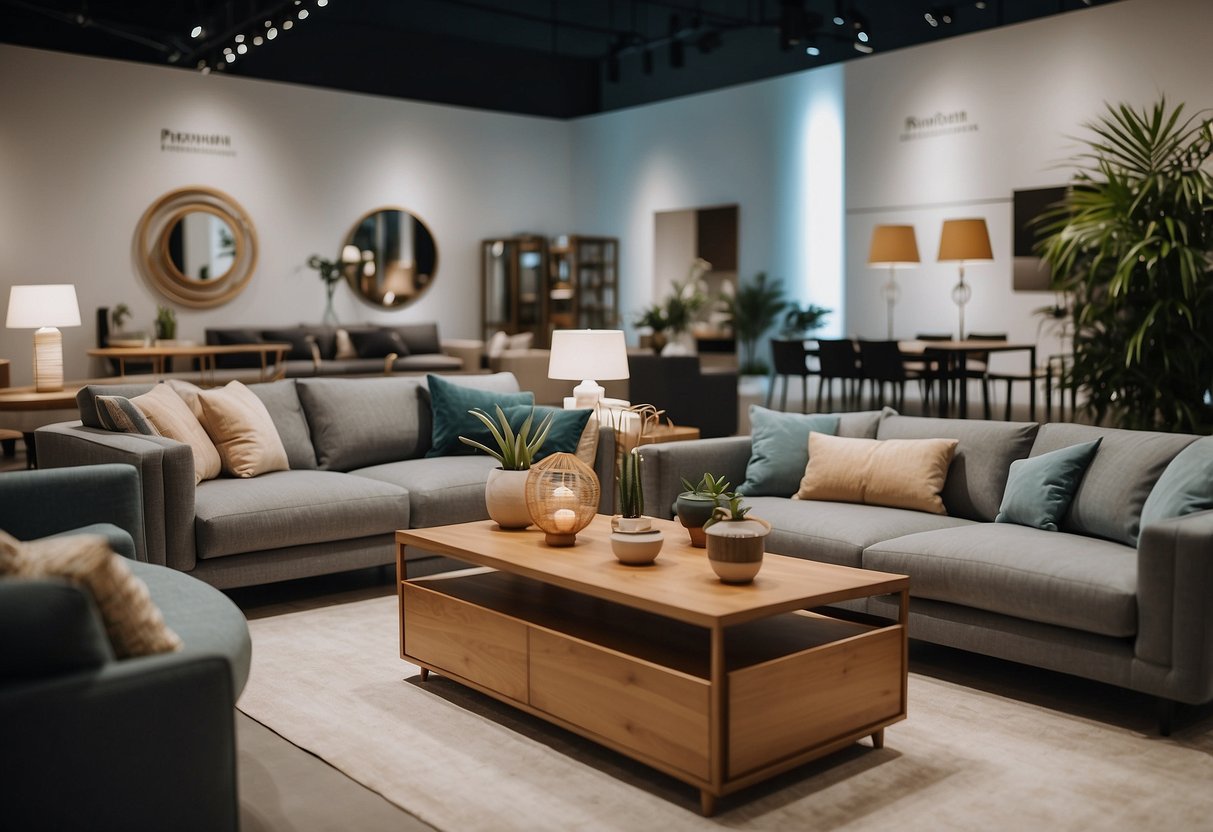 A customer browsing through a variety of furniture options in a modern showroom in Singapore, carefully examining the quality and design of each piece