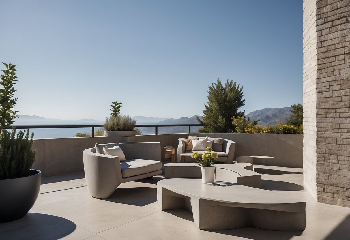 A concrete patio with modern, minimalist furniture arranged in a clean and organized layout. The furniture includes tables, chairs, and possibly a bench or lounge chair