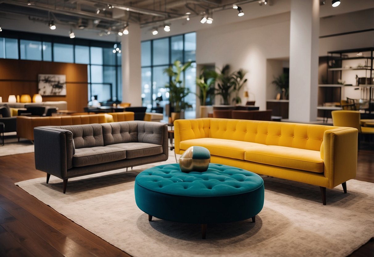 A showroom filled with modern and stylish furniture pieces, arranged in a spacious and well-lit setting. Vibrant colors and sleek designs create an inviting atmosphere for customers to explore