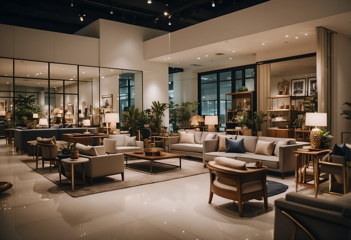 A bustling furniture store in Singapore with customers browsing and staff assisting. Displays of modern and traditional furniture fill the showroom