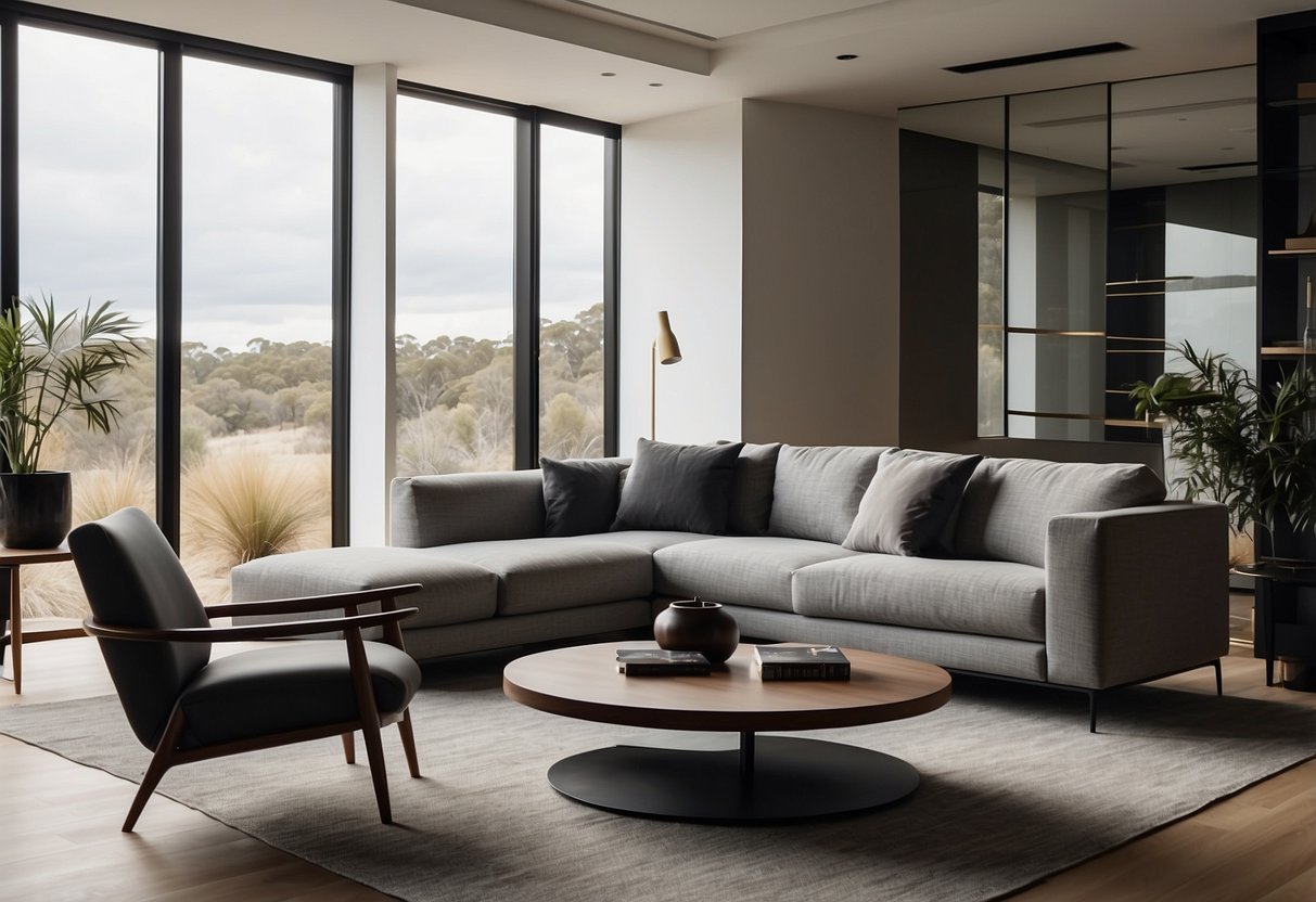A modern, minimalist living room with custom-designed furniture in Perth, featuring sleek lines and luxurious materials