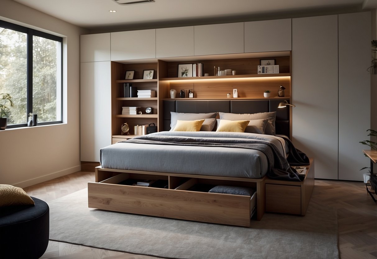 A bed with built-in storage drawers and shelves
