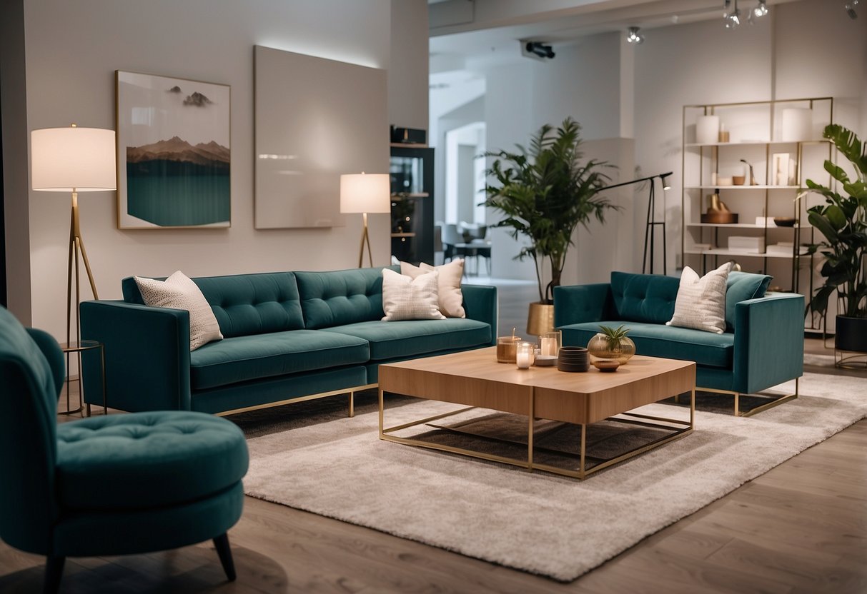 A modern furniture showroom with clean lines, bright lighting, and stylish displays. Customers browse through sleek sofas and minimalist coffee tables