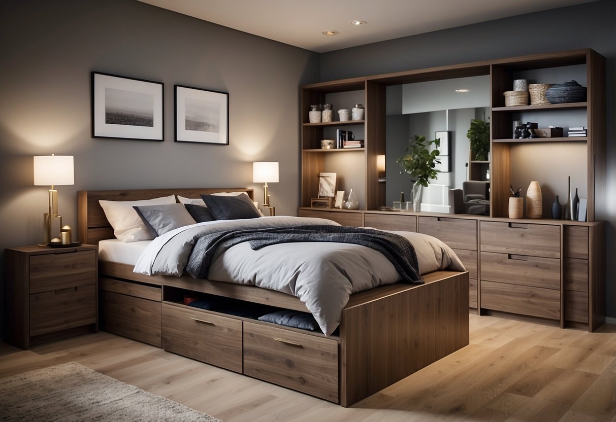 A bedroom with a bed featuring built-in storage options. Shelves and drawers are neatly organized beneath the bed frame, providing ample space for storing clothes, bedding, and other items