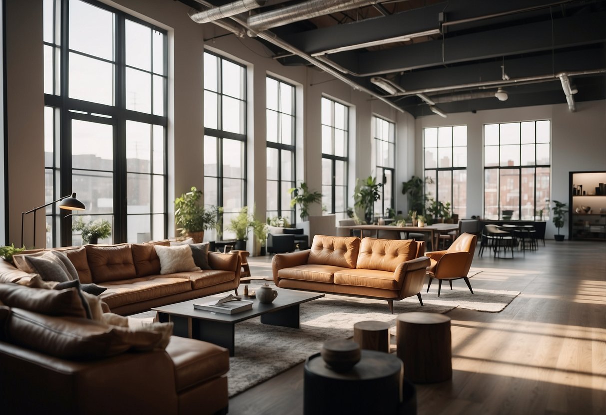 A modern loft furniture company showroom with sleek, minimalist designs and natural light streaming in through large windows