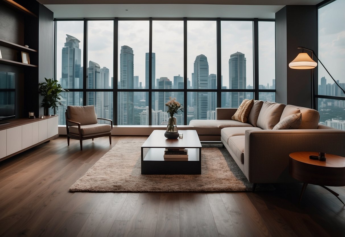 A sleek, minimalist living room with a modern sofa, coffee table, and floor lamp in a high-rise apartment in Singapore