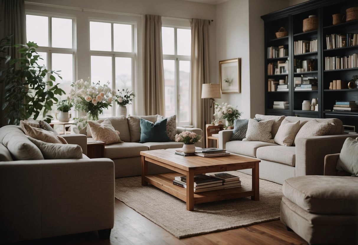 The cozy living room is filled with plush sofas, elegant armchairs, and a coffee table adorned with books and a vase of fresh flowers