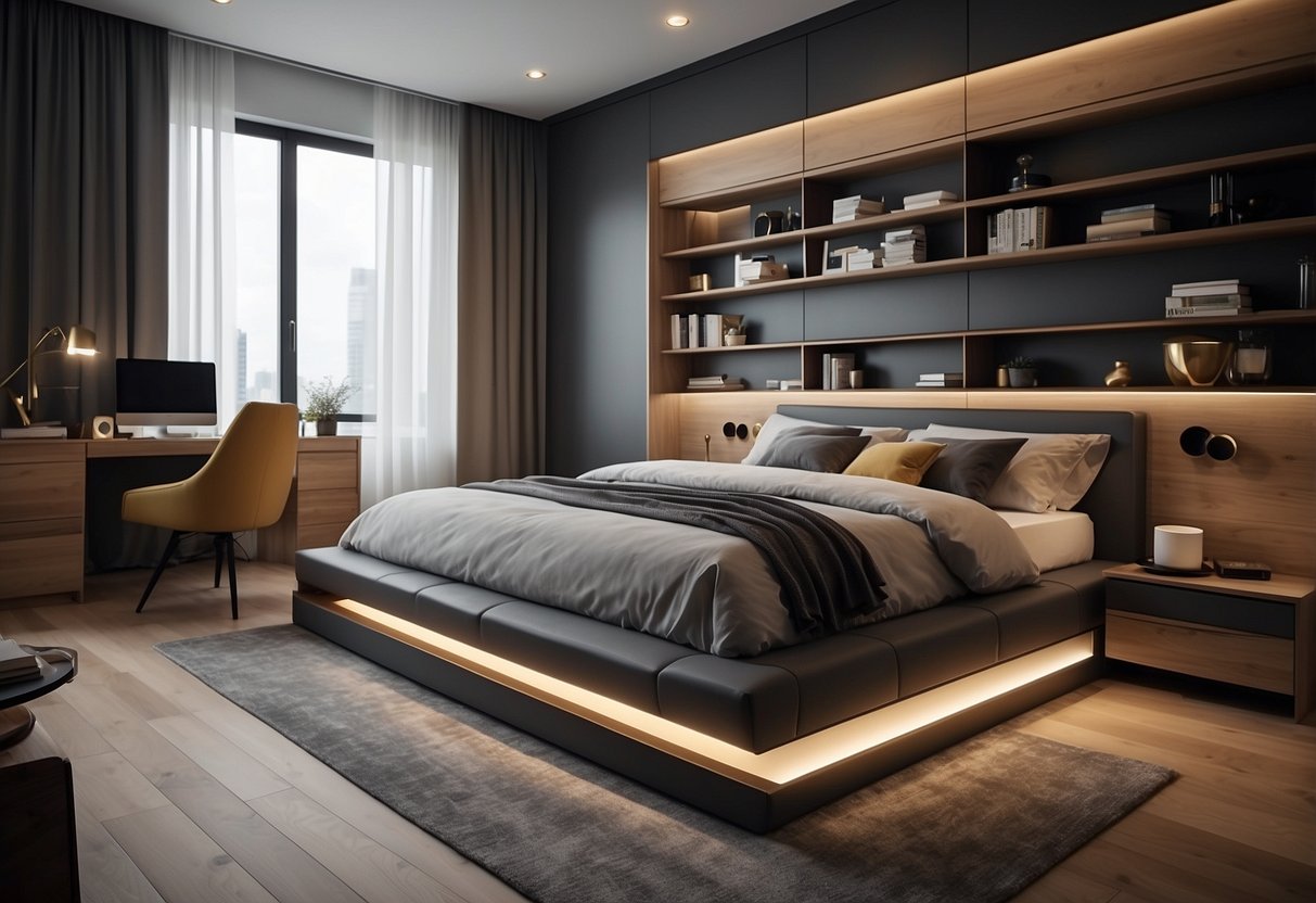 A modern bedroom with a sleek bed featuring built-in storage compartments and stylish furniture maximizing space and functionality