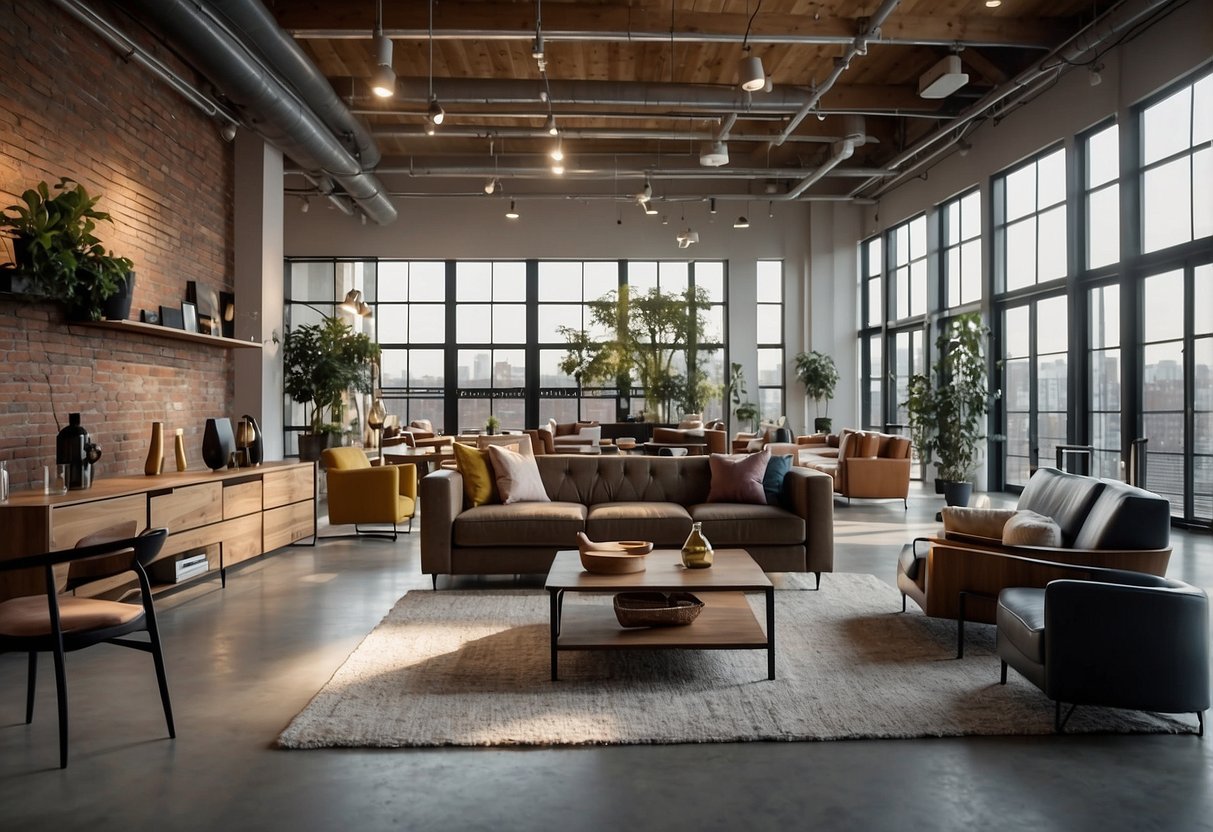 A spacious loft showroom displays modern furniture collections in various styles and colors. Light streams in through large windows, illuminating the sleek designs