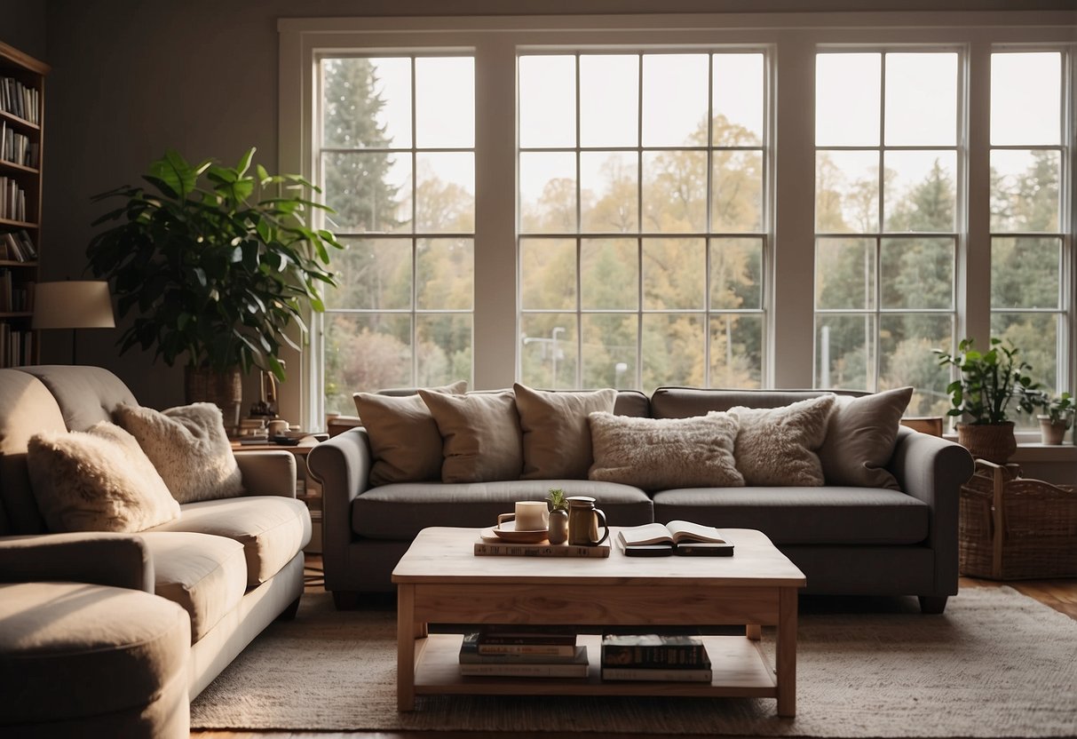 A cozy living room with a plush sofa, coffee table, and soft area rug. A bookshelf filled with books and decorative items. A large window letting in natural light