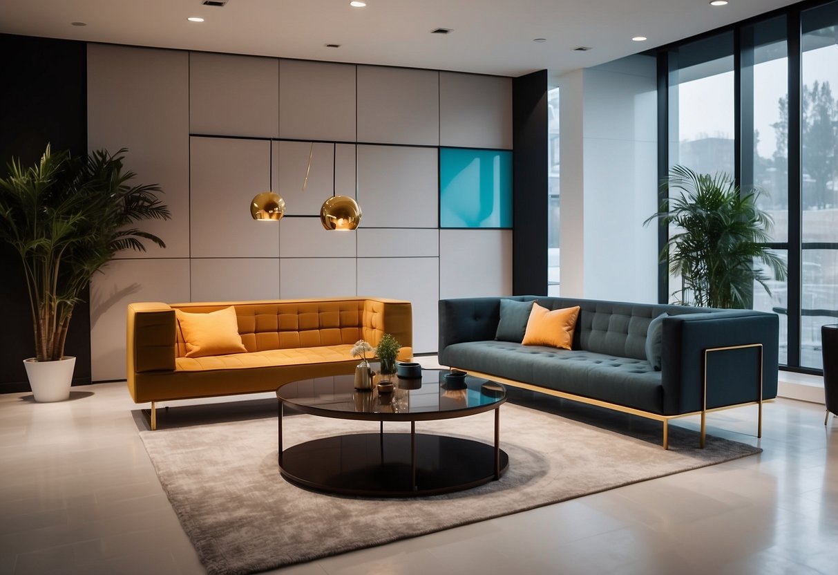 A sleek, minimalist showroom with geometric furniture and modern lighting. Bright colors and clean lines define the space