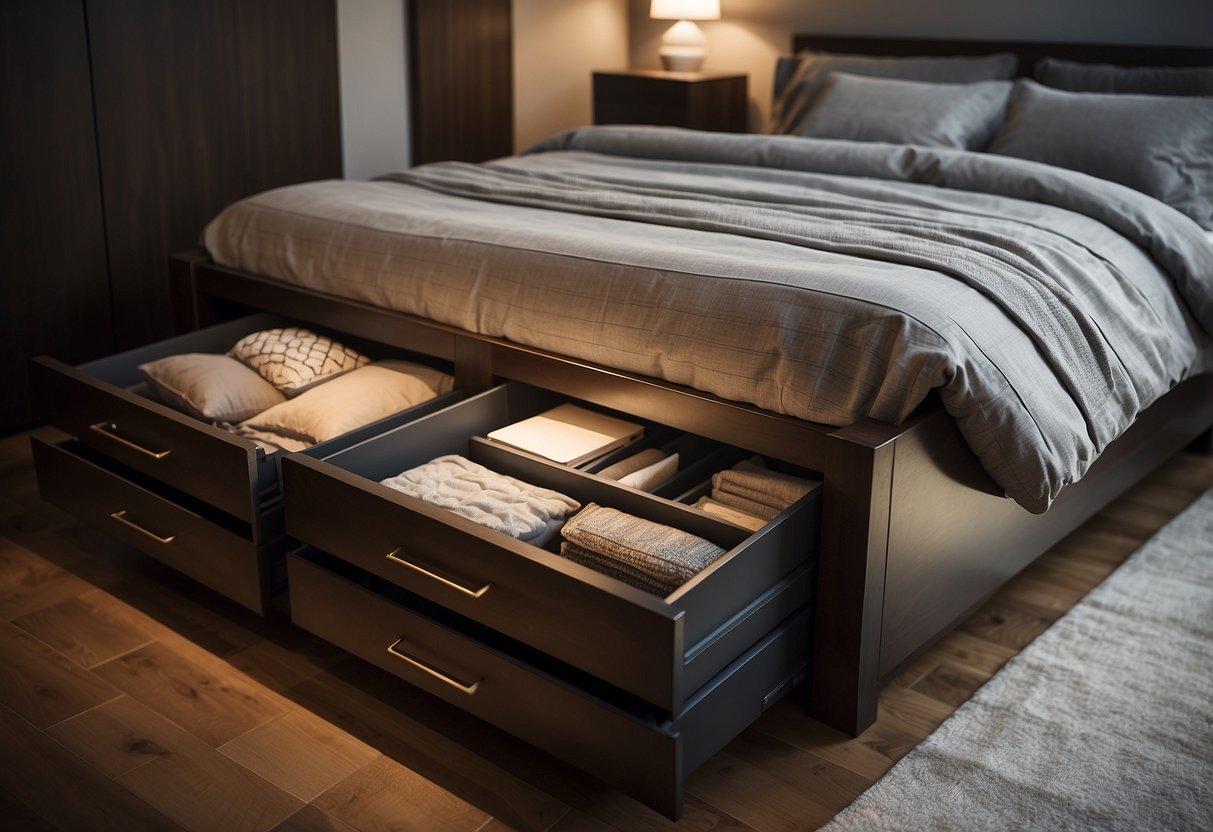 A neatly organized bed with built-in storage compartments underneath, surrounded by various frequently asked questions related to bed furniture