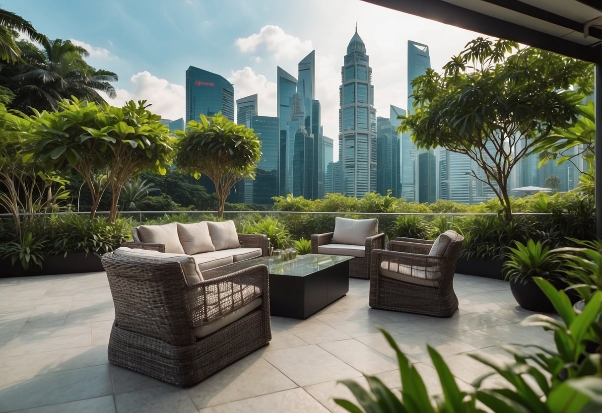 A lush garden with modern outdoor furniture, set against a backdrop of Singapore's skyline. Rich textures and elegant designs create a luxurious outdoor oasis