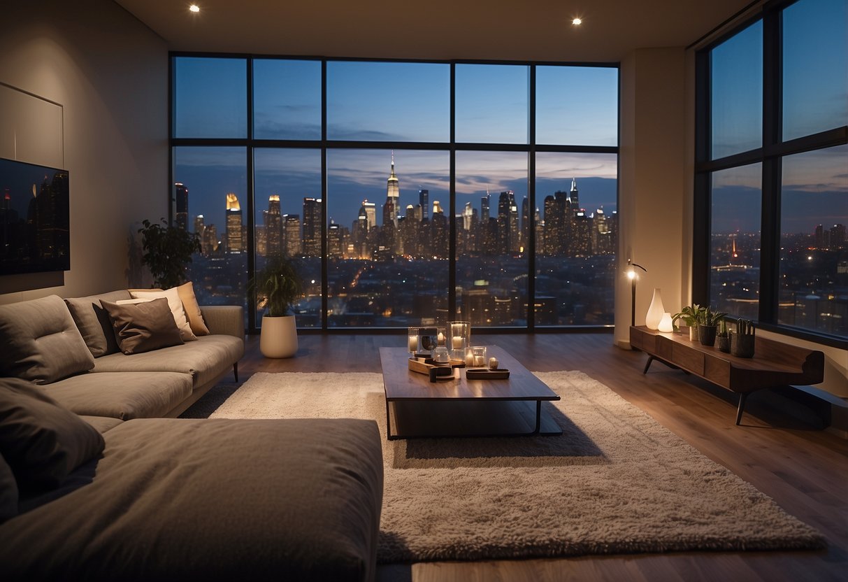 A cozy living room with modern loft furniture, soft lighting, and a view of the city skyline through large windows