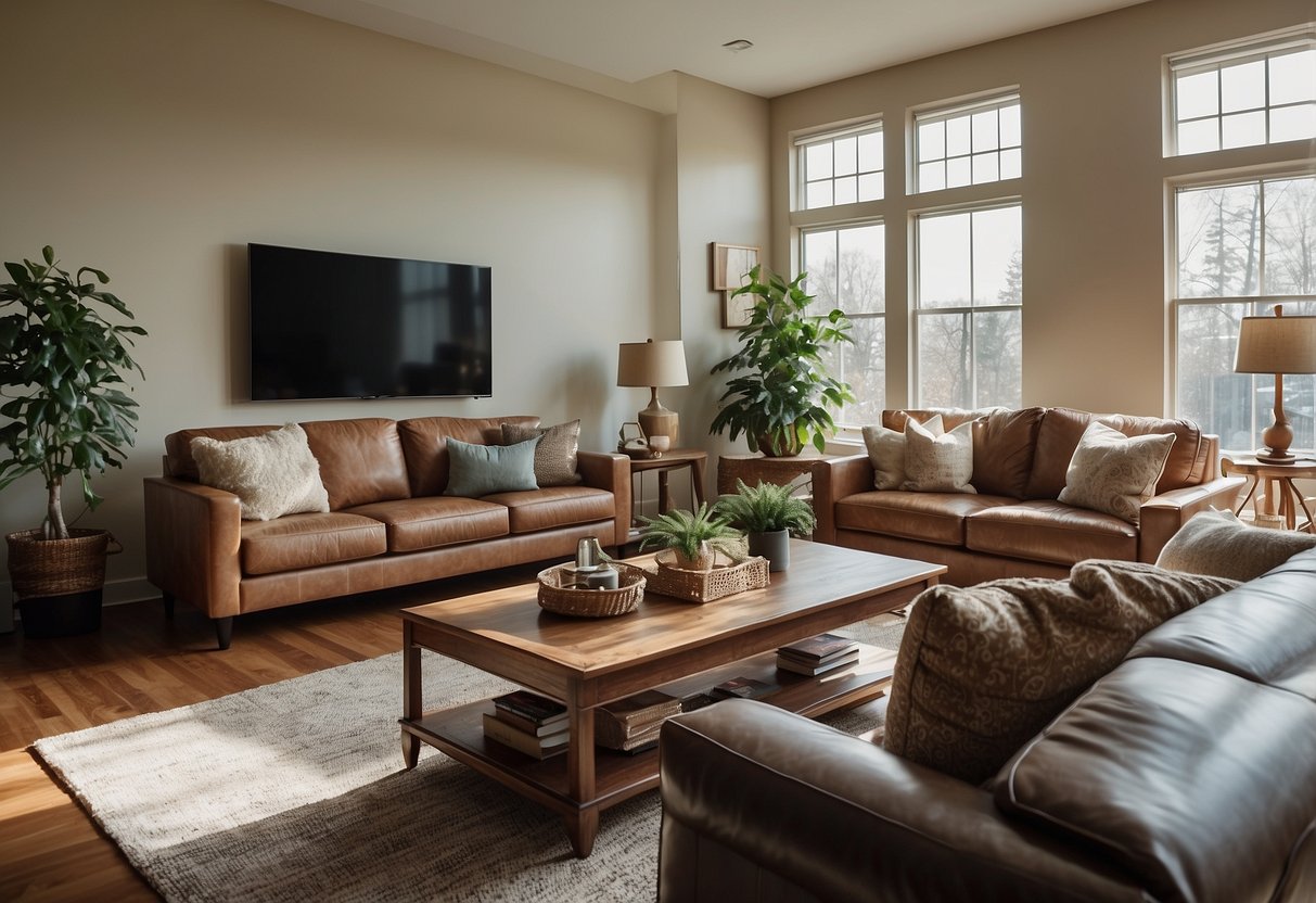 The living room is filled with various furniture pieces, including a sofa, coffee table, armchairs, and a TV stand. The space is well-lit with natural light streaming in from the windows, creating a cozy and inviting atmosphere