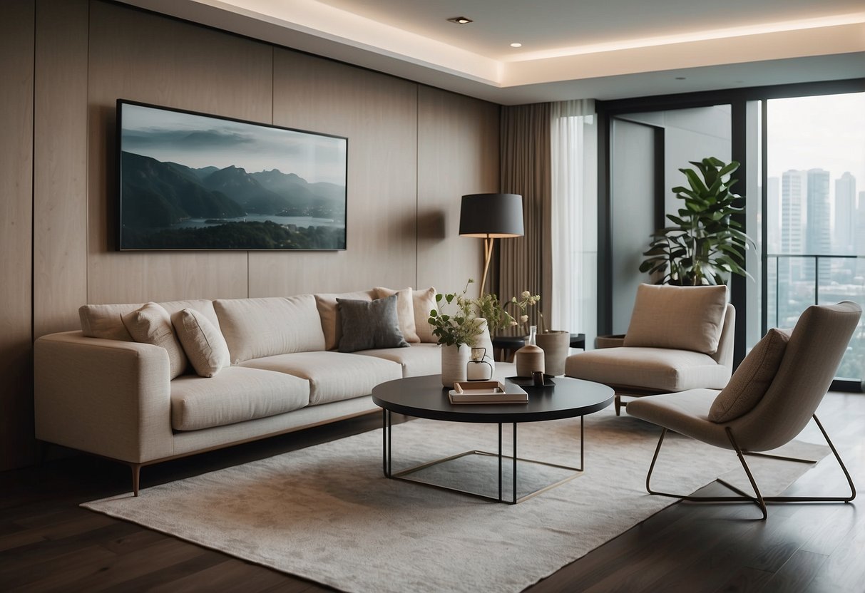 A modern living room with sleek, minimalist furniture from Defu Singapore, featuring clean lines and a neutral color palette