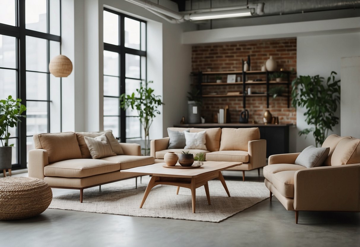 A modern loft space with sleek, minimalist furniture. Clean lines, neutral colors, and plenty of natural light. A sense of openness and simplicity