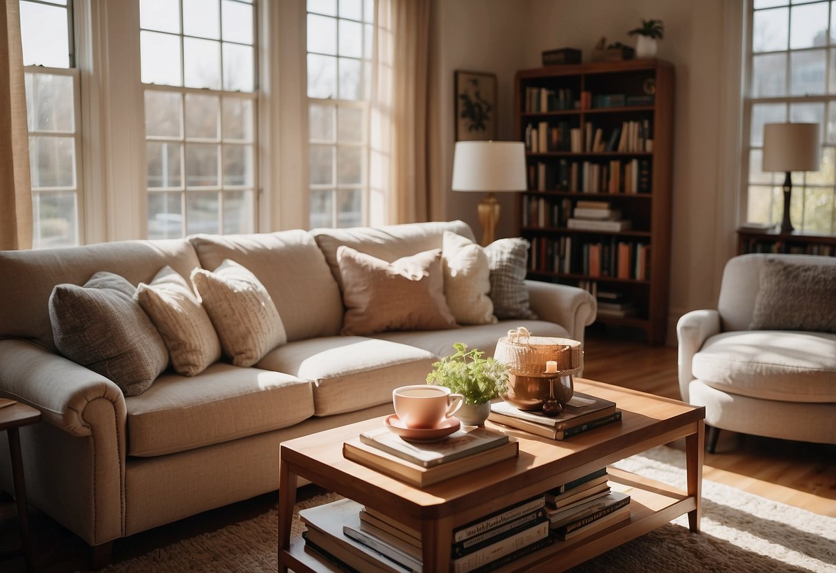 A cozy living room with a plush sofa, coffee table, and a bookshelf filled with books and decorative items. The room is bathed in warm natural light from a large window, creating a comfortable and inviting space