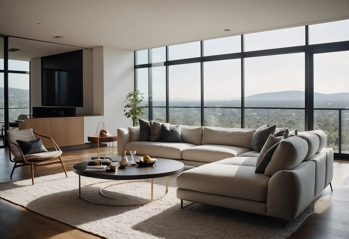 A modern living room with sleek furniture, clean lines, and minimalist design. A large, comfortable sofa sits in the center, surrounded by chic coffee tables and stylish accent chairs. The room is bathed in natural light from the floor-to-ceiling windows