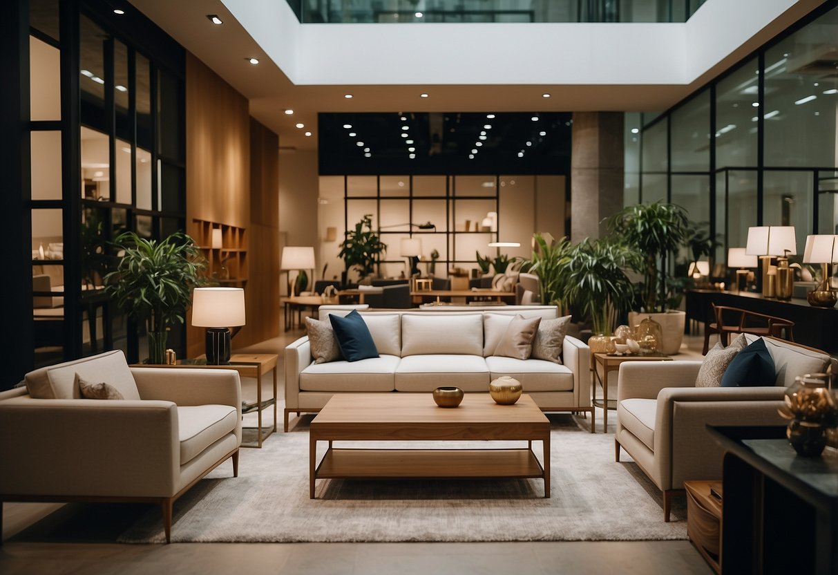 A bustling showroom with modern and traditional furniture displays at Defu Furniture Singapore