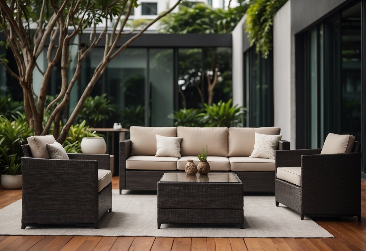 A luxurious outdoor furniture set in a stylish Singaporean setting, with modern, elegant design and comfortable seating arrangements