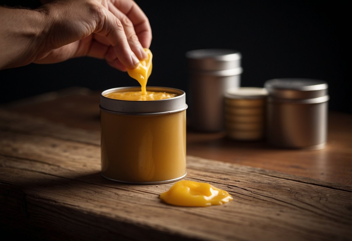A hand dips a cloth into a tin of beeswax polish, then rubs it onto a wooden surface, creating a smooth, glossy finish