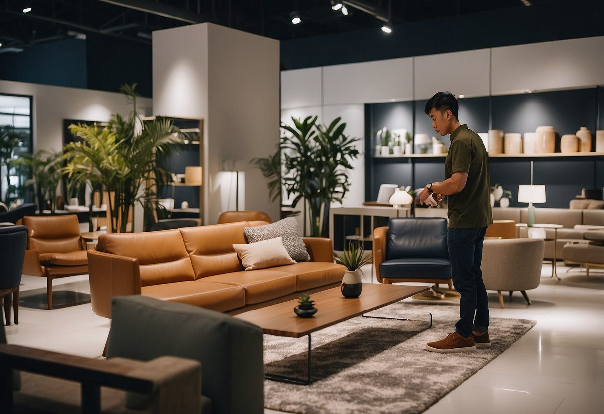 A customer browsing through modern furniture displays at Defu Furniture showroom in Singapore